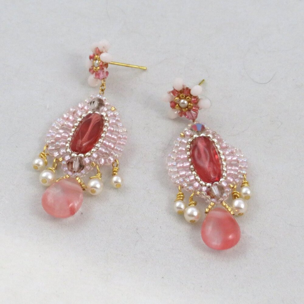 Pink earrings with pearl dangles handmade